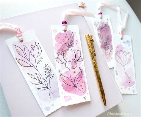 Handmade Watercolor Bookmarks With Botanical Line Art Book Etsy