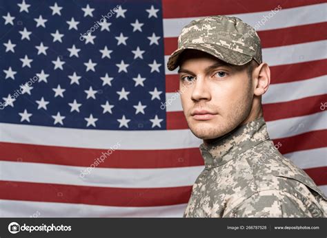 Handsome Man Military Uniform Cap Looking Camera Flag America Stock