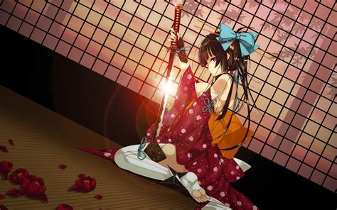 Fond Décran Anime Filles Anime Rouge Katana épée Caractères