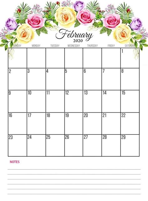 Beautiful February 2020 Floral Calendar Calendar Printables Planner