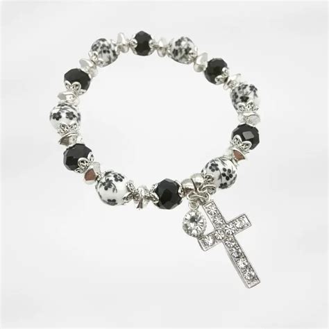 Black Cross Bracelet Christian Classic Beaded Bangle With Crystal