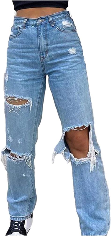 Y2k Jeans Womens Jeans High Waisted Straight Leg Baggy Bell Bottom Ripped Jeans Teen Girls