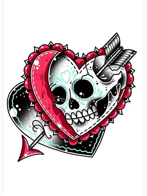 Skull Heart Vintage Style Heart And Arrow Valentine Traditional Tattoo
