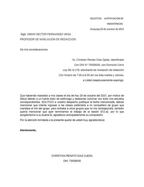 Solicitud De Justificacion Solicitud Justificacion De Inasistencias