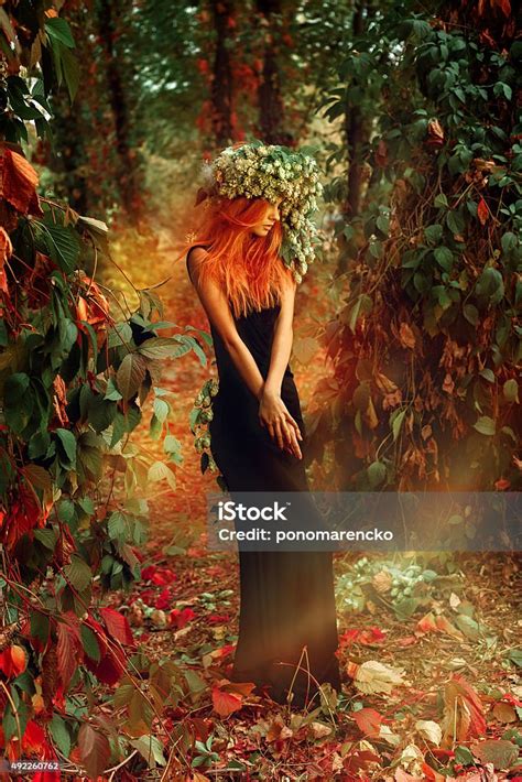 Elegance Beauty Lady Posing In Forest With Wreath Of Hop Stock Photo