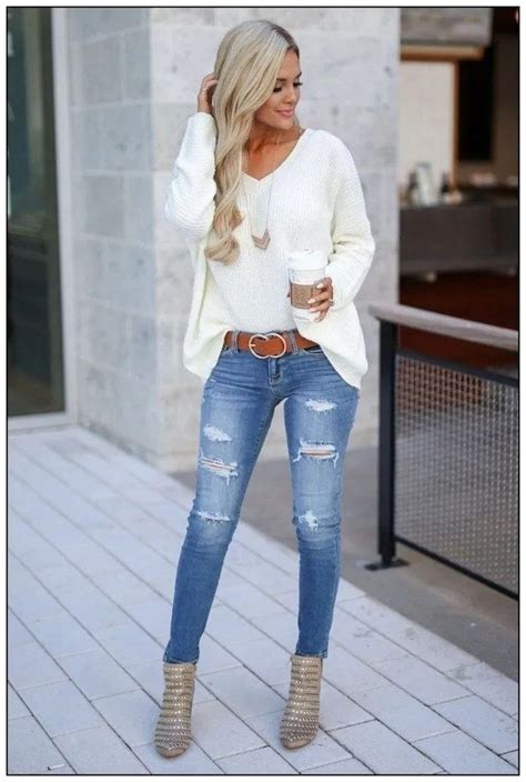 White V Neck And Ripped Jeans Fashionable Spring Outfit Ideas For 2020 Casual Wear Dress