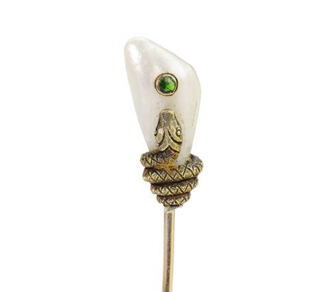 Antique Gold Freshwater Pearl Demantoid Snake Stick Pin
