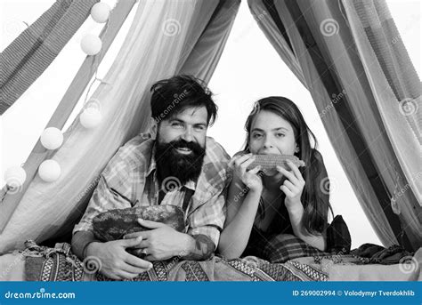 Loving Young Coupl Near Camp Tent Camping Couple In Love Stock Photo