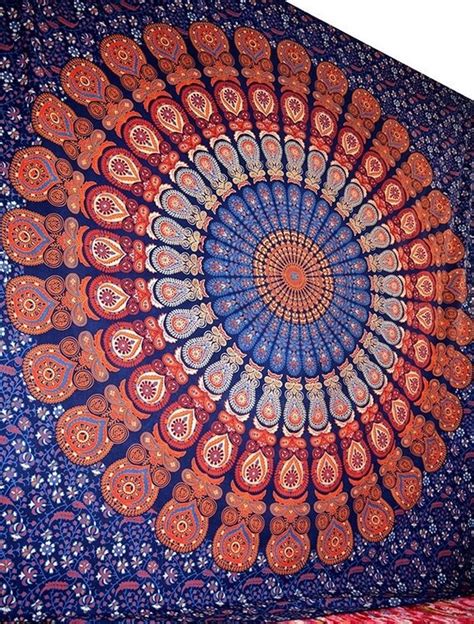 Large Cotton Blue Pink Mandala Fabric Tapestry By Fabricsarmaya