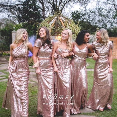 Rose Gold Sequin Mismatched Long Bridesmaid Dresses Promfy