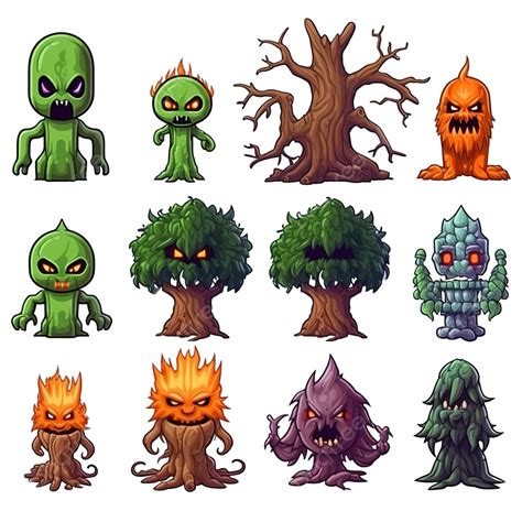 Pixel Art Set Of Halloween Spooky Tree Monster Character 8bit Pixel