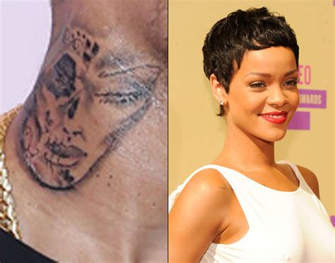 Rihanna has over 20 tattoos. Is Chris Brown's neck tattoo of Rihanna's face? Singer ...