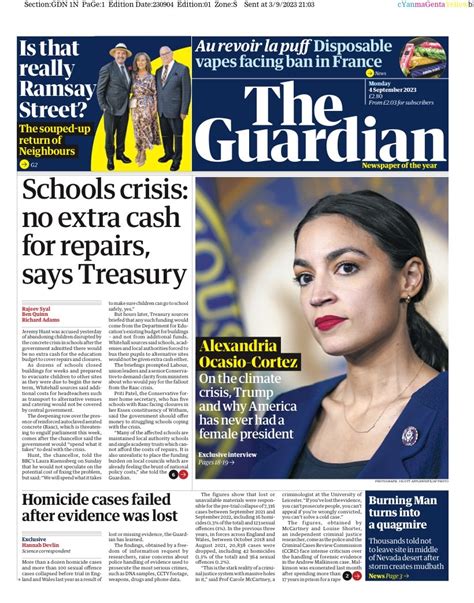 Guardian Front Page 4th Of September 2023 Tomorrow S Papers Today