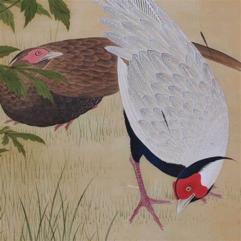 19th Century Japanese Bird And Flower Painting Silver Pheasants And