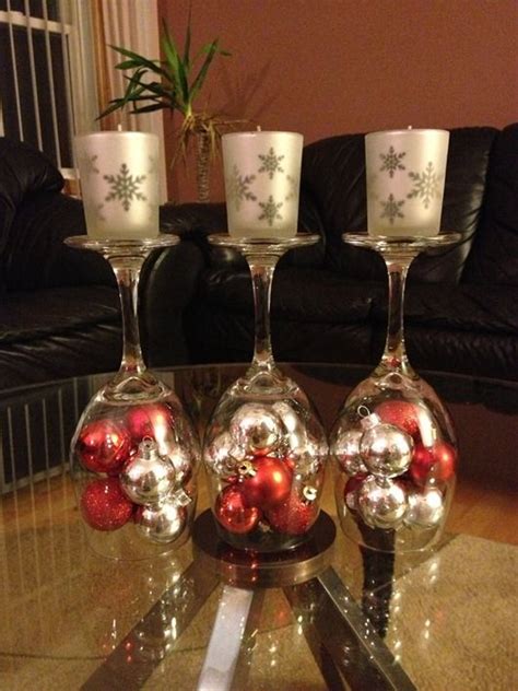 Diy Upside Down Wine Glasses With Small Christmas Ornaments And Candles Christmas Centerpieces