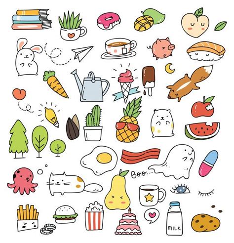 Set Of Various Cute Icon In Doodle Style Isolated On White Background
