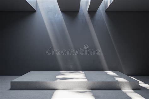 Dark Grey Concrete Exhibition Room Interior With Podium And Empty