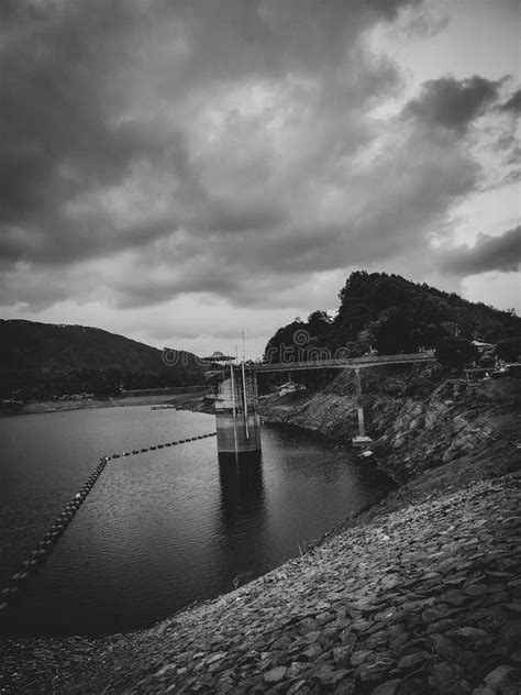 Beautiful Dam Landscape Photo In Dark Black And White Stock Image