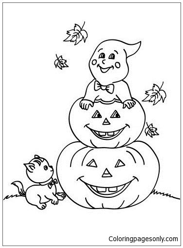 Carved Halloween Pumpkins And Spook Coloring Page Free Printable