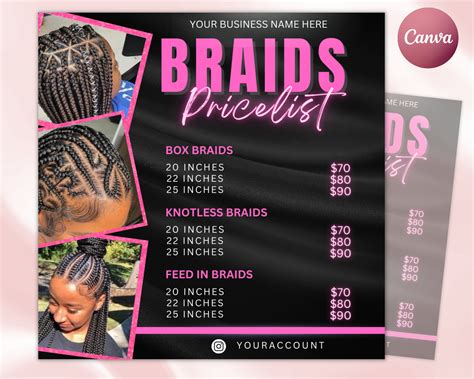 Braids Price List Flyer Templates Beauty Salon Hair Stylist - Etsy