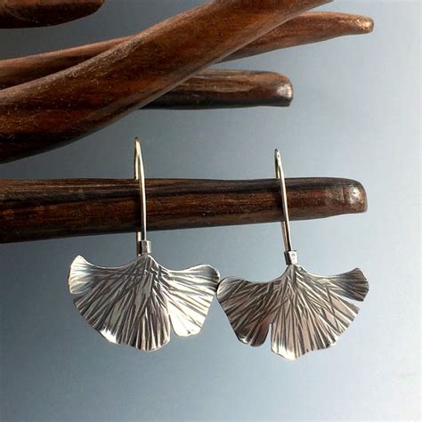 Sterling Silver Hammered Ginkgo Leaf Earrings Organic Nature Lover