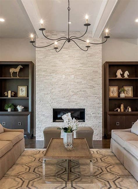 Living Room Coffered Ceiling Cream Stone Fireplace Wall Modern Tan