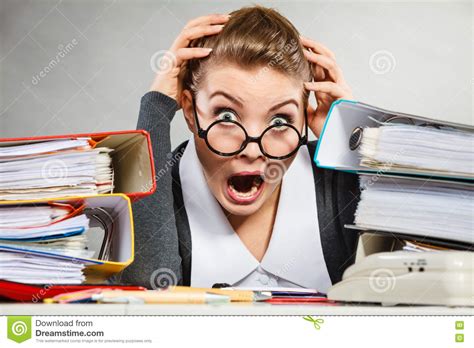 Panicked Secretary At Desk Stock Photo Image Of
