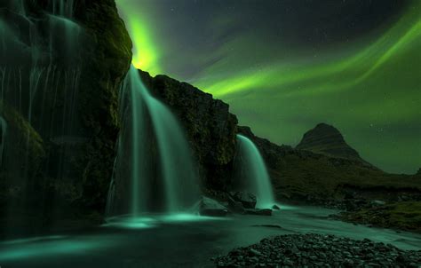 Wallpaper Night Rocks Northern Lights Norway Waterfalls Images For Desktop Section природа
