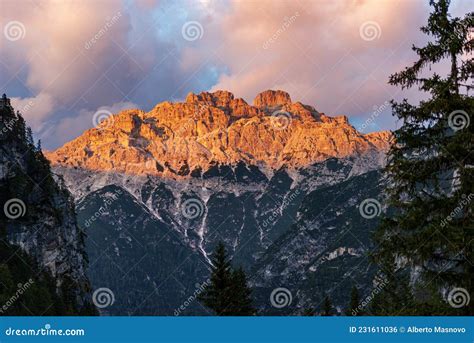 Rautkofel Or Monte Rudo At Sunset Sesto Dolomites Italian Alps Stock