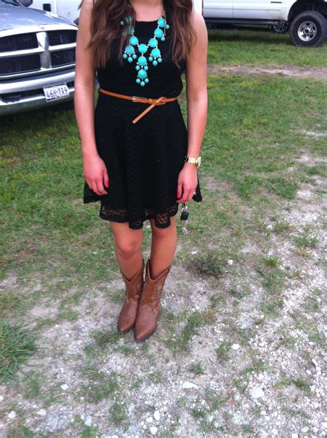 These dresses are perfect for every occasion and will look amazing with you favorite pair of cowboy boots. Black lace dress, turquoise bubble necklace, and tan ...