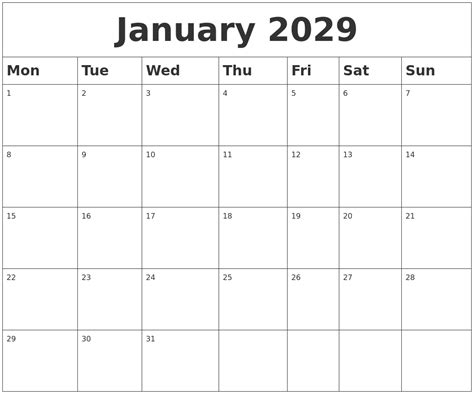 January 2029 Blank Calendar