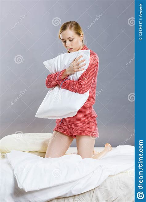 Sad Depressed Girl In Bed Gripping Pillow Stock Image Image Of Break