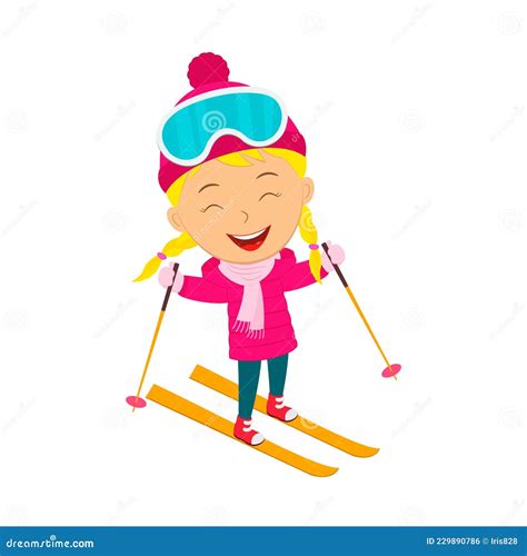 Cute Cartoon Girl Skiing Stock Vector Illustration Of Isolated 229890786