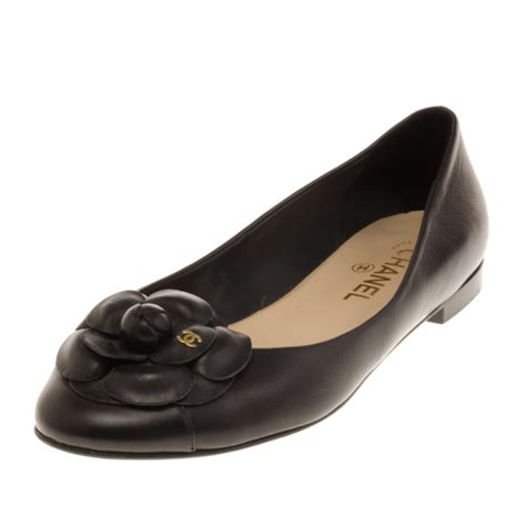 Chanel Black Leather Camelia Flower Ballet Flats Size 39 Chanel The