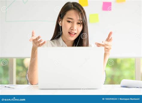 Woman Having Video Meeting Conference Call Via Laptop Stock Photo