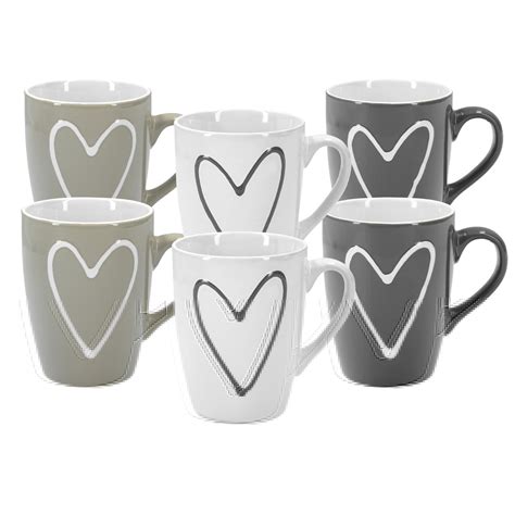 6er Set Tassen Herz Kaffeebecher mit Herzmotiv grau weiß beige