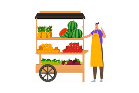 Fruit Cart With Seller Illustration Vector Free Download