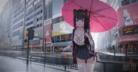 Wallpaper Jmostro Anime Girls Urban City Women With Umbrella
