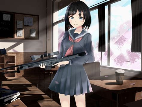 1600x1200 Anime Girl With Gun In School 1600x1200 Resolution Hd 4k