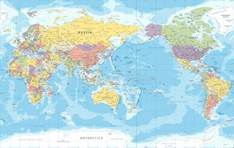 World Map Pacific View Asia China Center Political Topographic