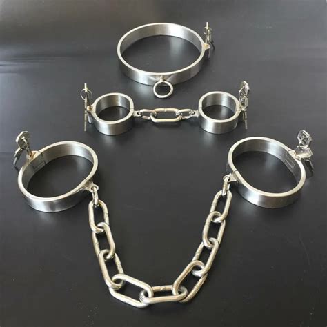 Stainless Steel Lockable Neck Collar Hand Ankle Cuffs Slave Bdsm Tool Bondage Handcuffs Leg