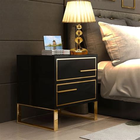 Modern Black Nightstand Lacquered 2 Drawer Bedside Table Gold Finish