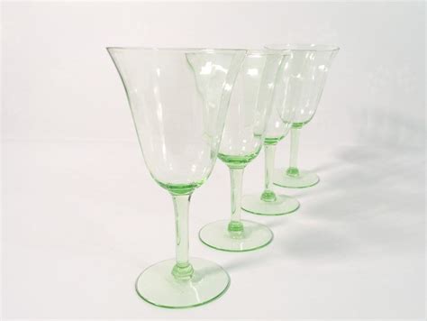 4 vintage green depression glass water goblets stemware 4 tall water glasses w light green