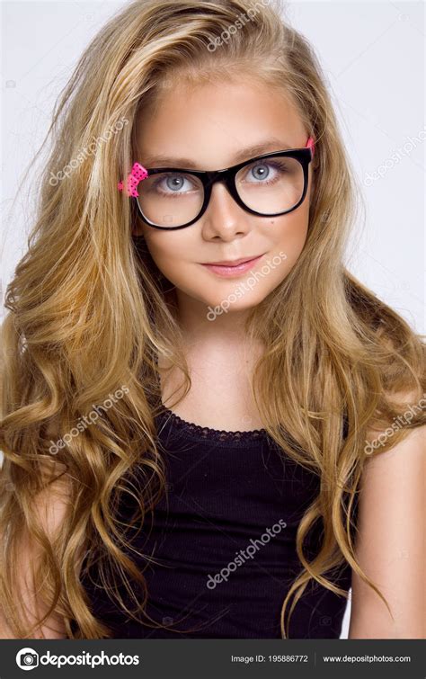 Cute Blonde Little Girl Glasses White Background Studio Stock Photo By