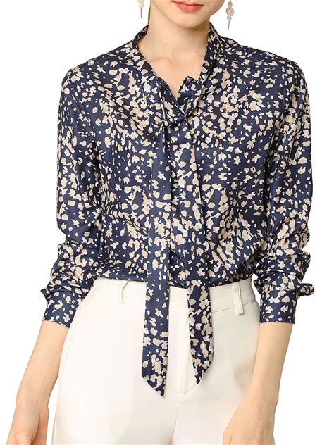 Womens Floral Bow Tie Neck Button Up Work Blouse Shirt