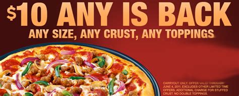 Take action now for maximum saving as these discount codes will not valid forever. Pizza Hut Presents a "$10 Any Pizza" Carryout Deal