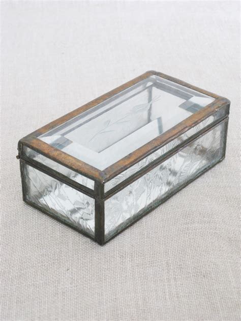 Vintage Hand Crafted Glass Jewelry Display Box Copper Trinket Vanity Storage Organization