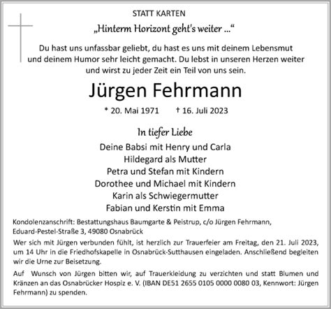 Traueranzeigen von Jürgen Fehrmann noz Trauerportal