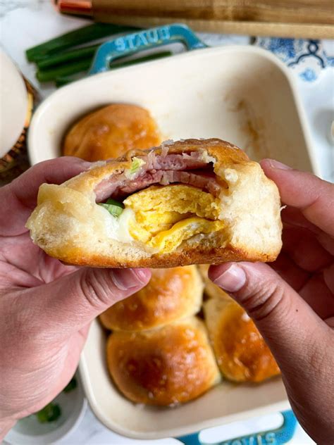 Ham Egg And Cheese Stuffed Biscuits Topped With Maple Butter