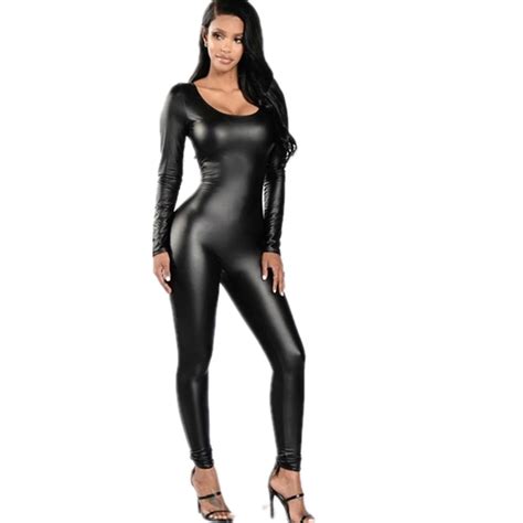 Jumpsuits For Women Black Leather Latex Catsuits With Zipper Bodysuit